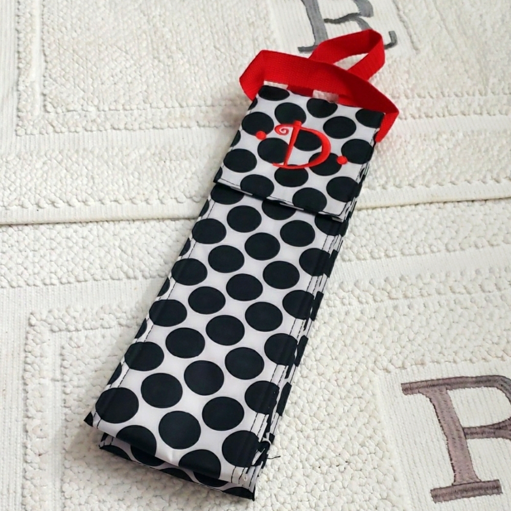 THIRTY-ONE Black and White Polka Dot Tote with Red Straps Insulated Monogram "D"